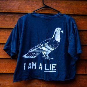 Black cropped Birds Aren’t Real “I Am A Lie” shirt. Fits like a small/medium